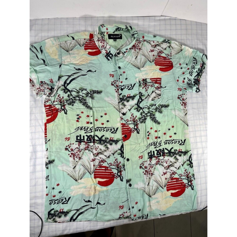 Reason Clothing Men's 4XL Button Up Shirt Mint Green Japanese Osaka Print 100%